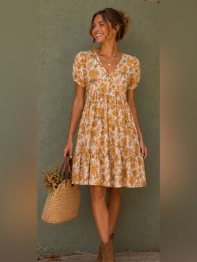 Mustard Floral Babydoll Dress | Fall Cottagecore | Puff Sleeve | Small